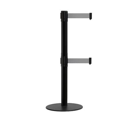Montour Line Stanchion Dual Belt Barrier Flat Base Black Post 9ft.Lt Grey Belt S400D-BK-LGY-90